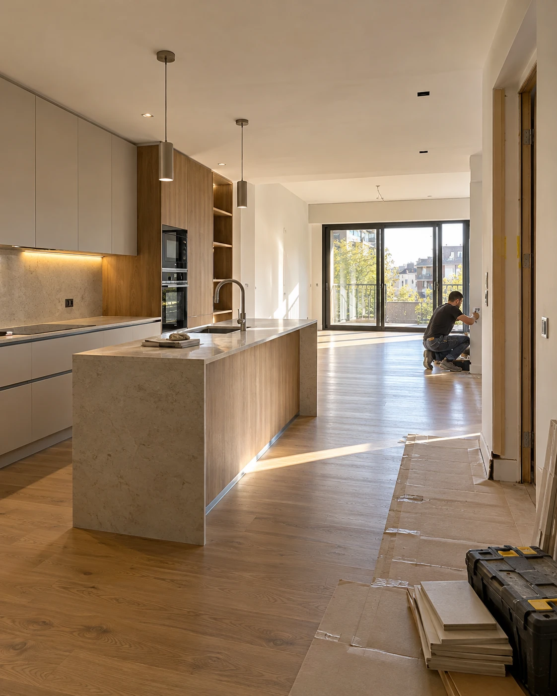 Cocina con isla de piedra y madera abierta a un salón luminoso en una vivienda en reforma avanzada, con un profesional trabajando al fondo y los materiales ordenados