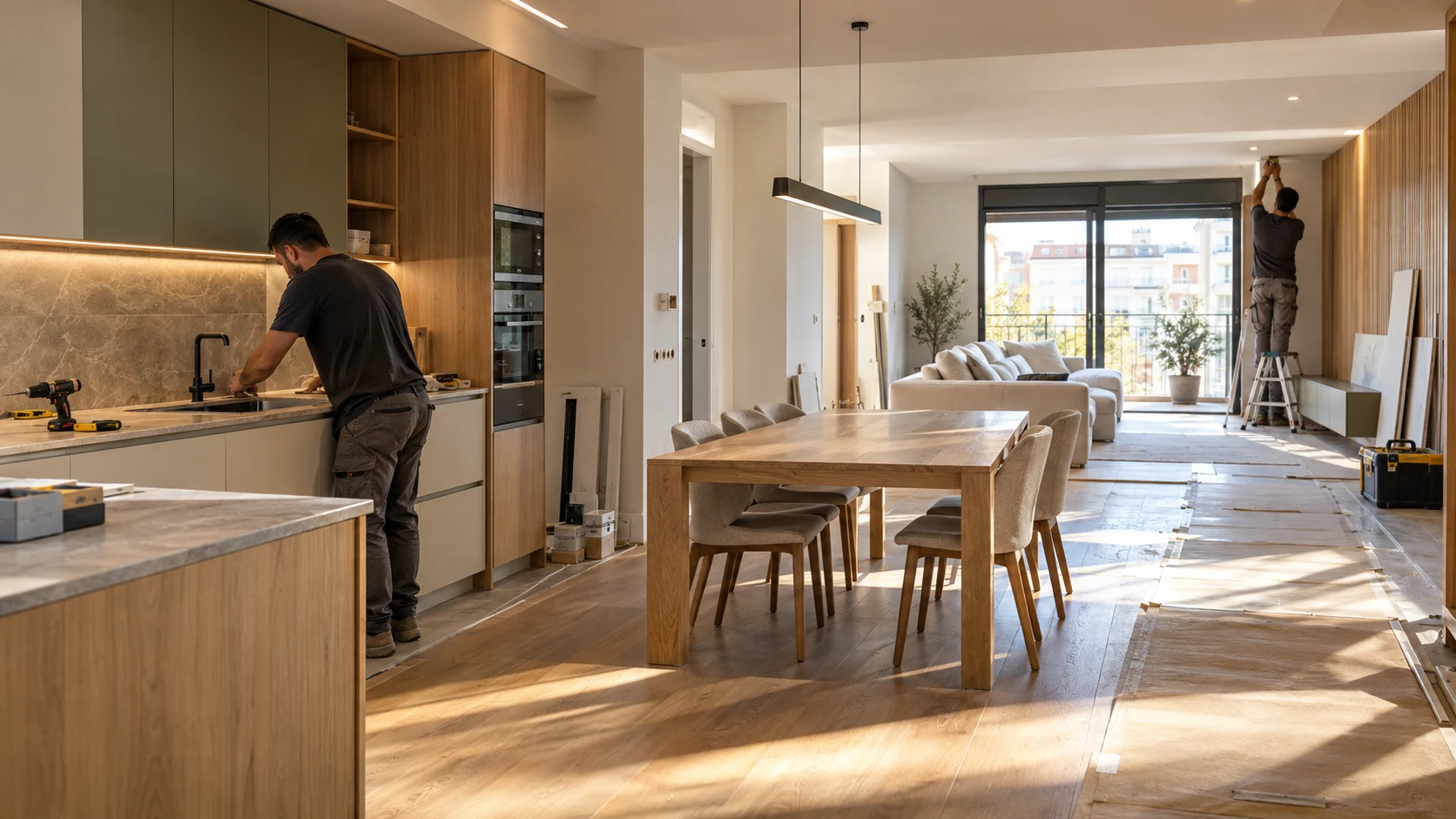 Vivienda en fase avanzada de reforma: un profesional instala la cocina mientras otro trabaja en el techo del salón, con los materiales y el suelo protegidos y ordenados