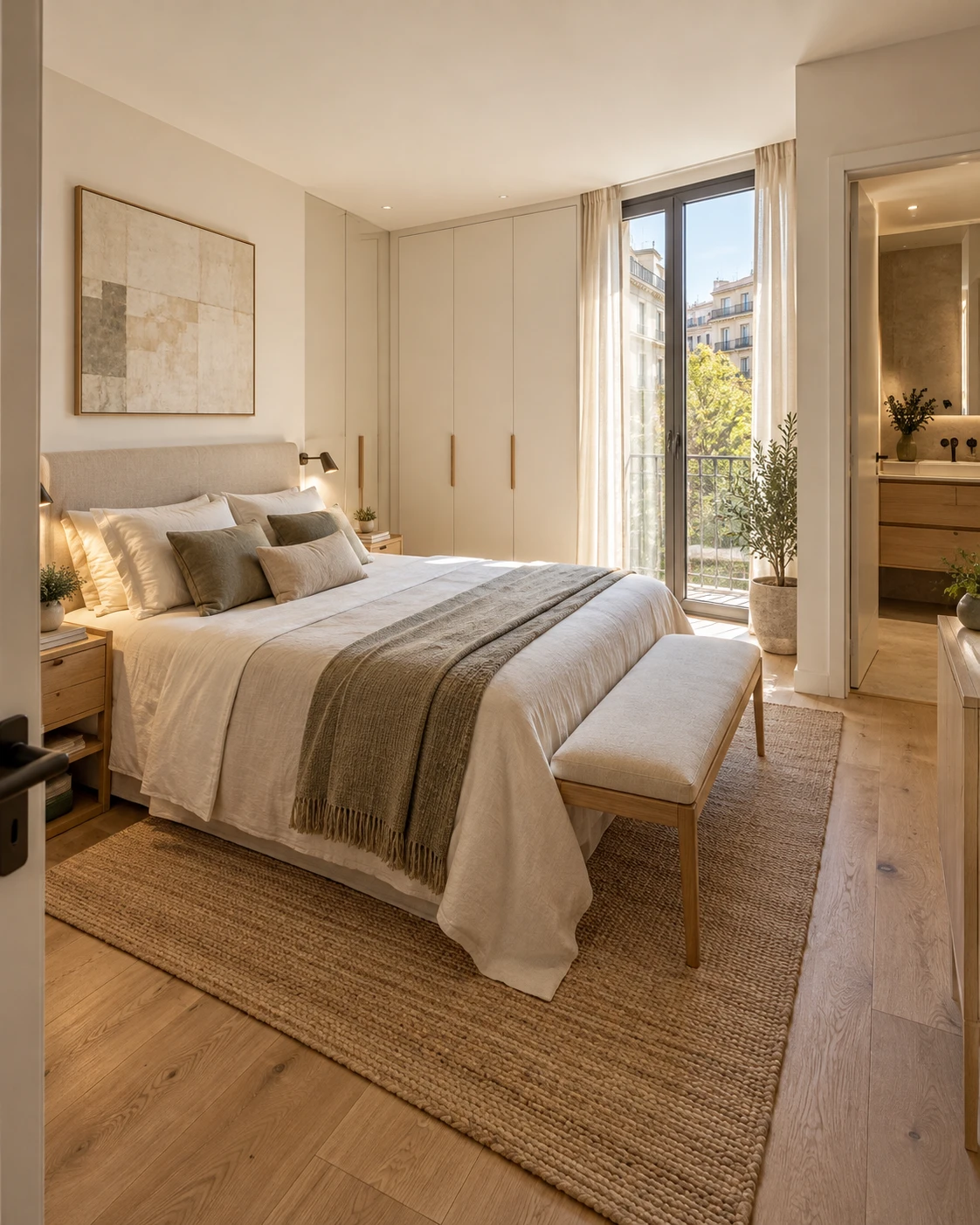 Dormitorio principal luminoso de una vivienda reformada en Barcelona, con armarios empotrados, suelo de madera clara y baño en suite