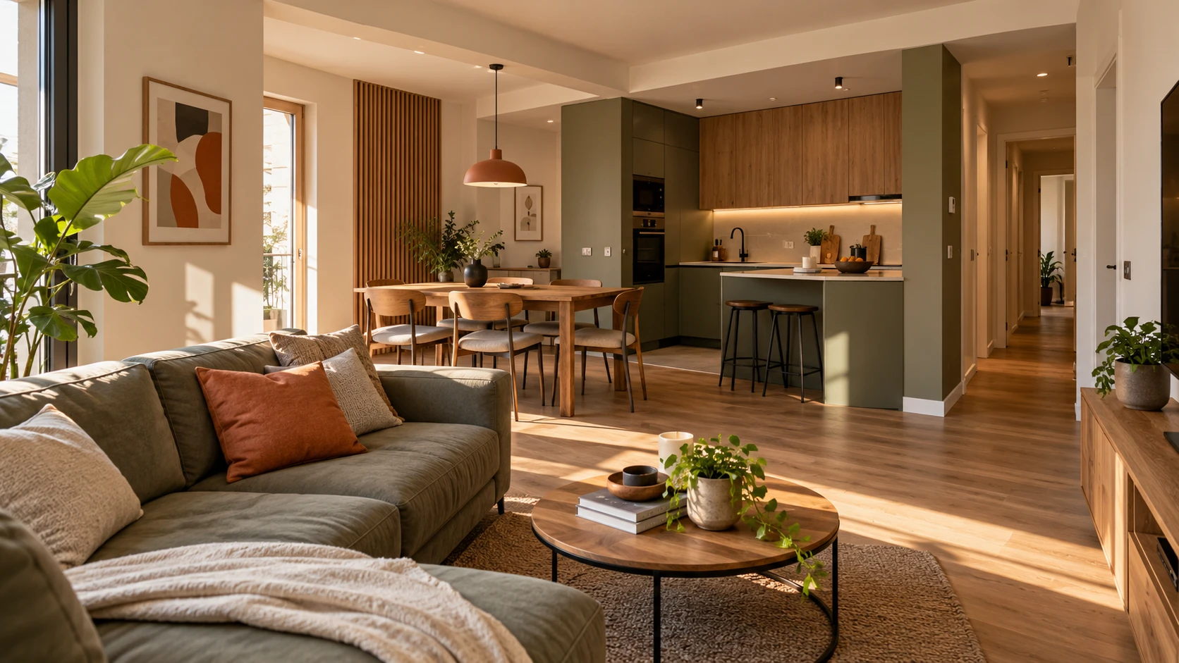 Salón comedor y cocina abiertos en un piso reformado, con suelo de madera, carpintería en tonos madera y salvia y mucha luz natural