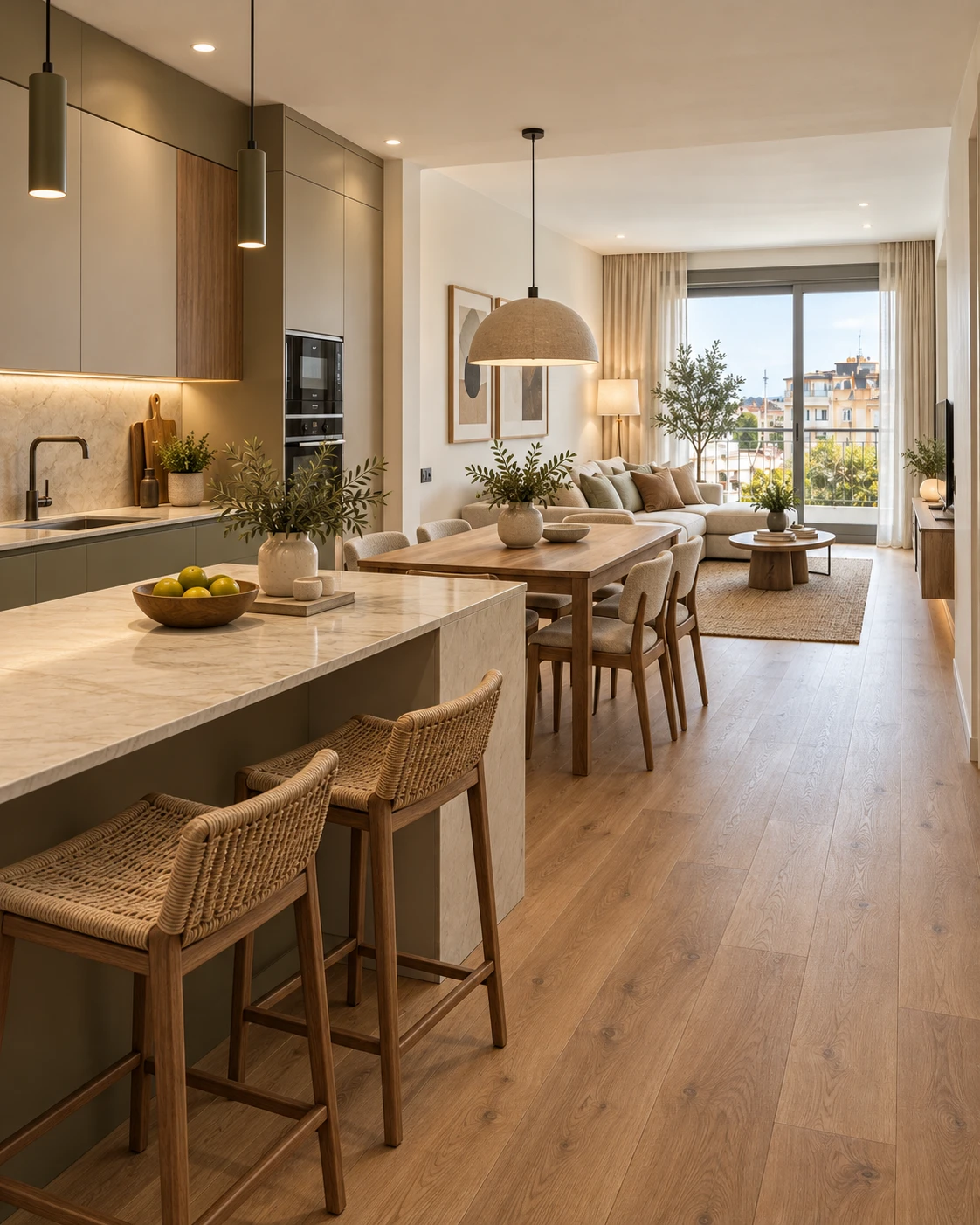 Cocina con isla de piedra y comedor abiertos al salón, con muebles en tonos salvia y madera, iluminación integrada y suelo de madera: nivel de acabados Equilibrio