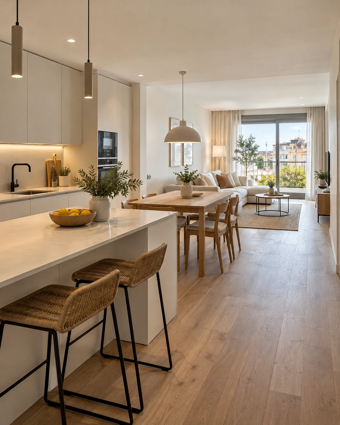 Cocina con isla y comedor abiertos al salón, con muebles lisos blancos, encimera clara y suelo de madera: nivel de acabados Esencial