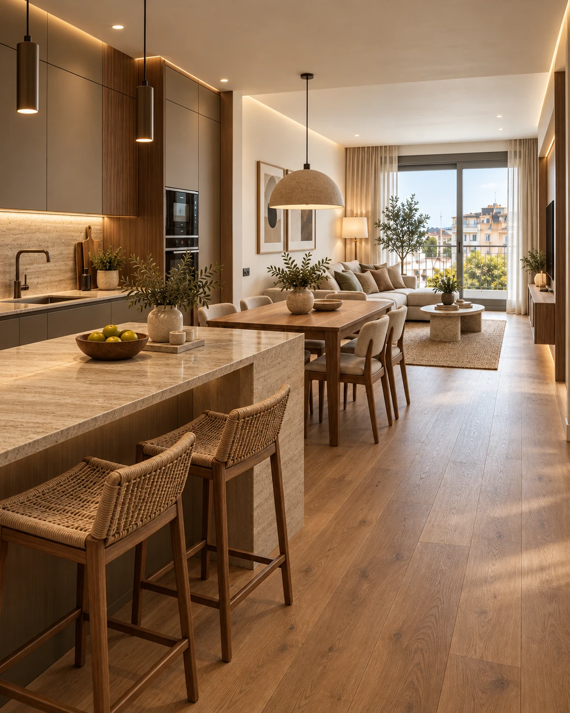 Cocina con isla de piedra travertino y comedor abiertos al salón, con carpintería a medida en madera, iluminación indirecta integrada y suelo de madera: nivel de acabados Signature