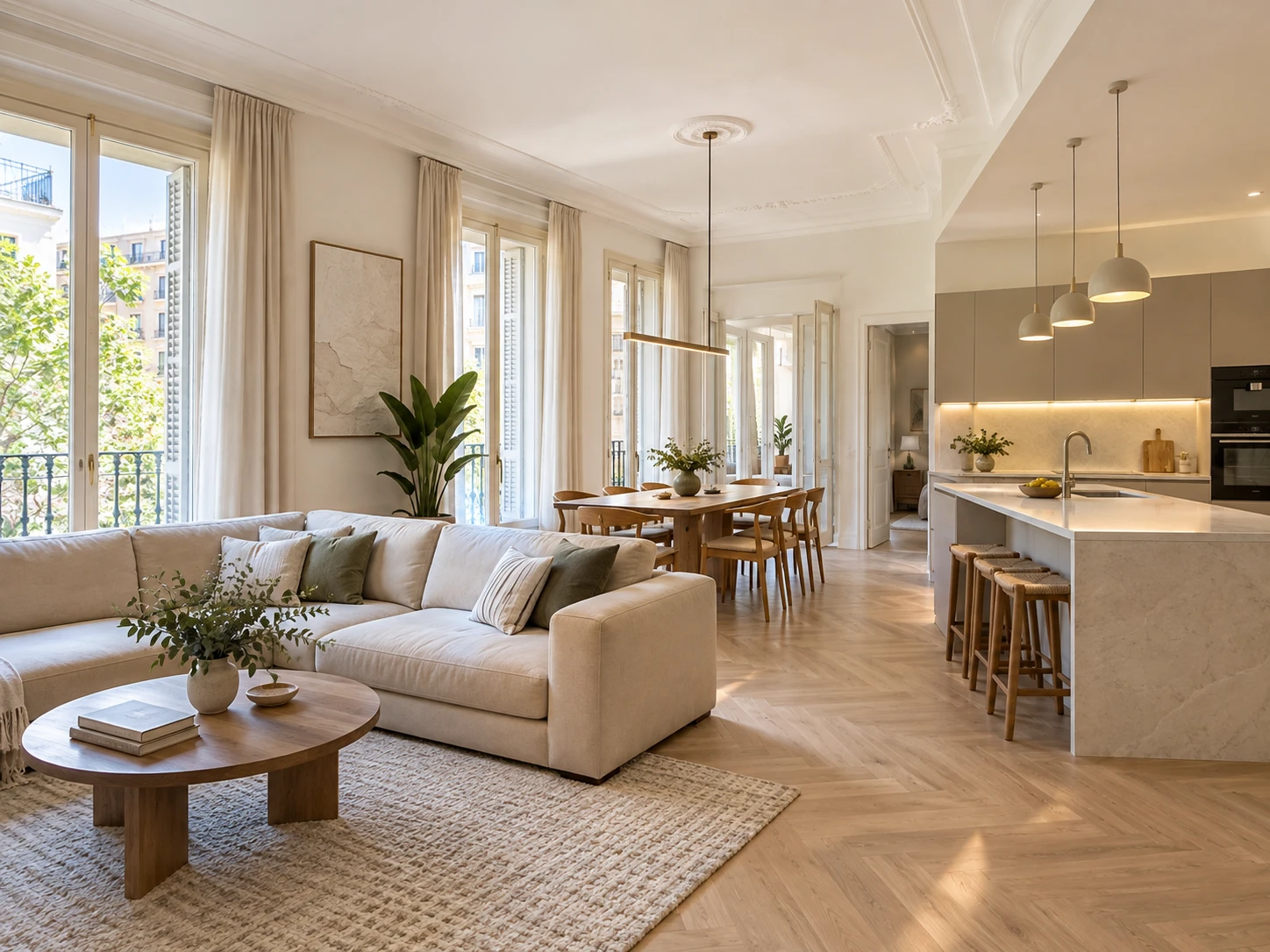 Salón comedor abierto a la cocina en un piso del Eixample, con balcones, molduras originales, suelo de parqué en espiga y cocina con isla