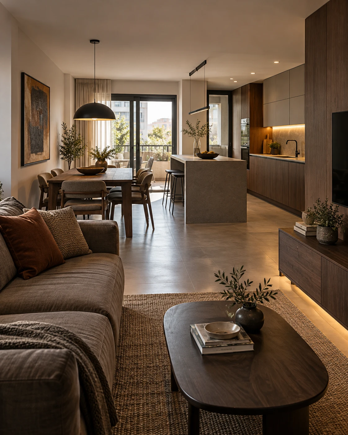 Salón comedor con cocina abierta en un piso reformado de Sabadell, con carpintería de madera oscura, isla de piedra y suelo cerámico