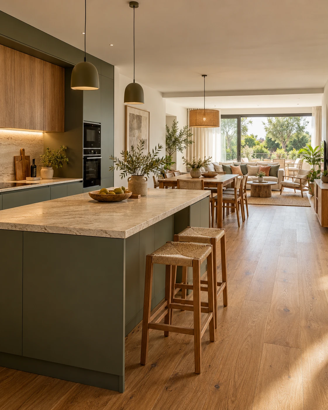 Cocina con isla en verde salvia y madera abierta a un comedor y un salón luminosos con vistas al jardín, en una vivienda unifamiliar de Sant Cugat del Vallès