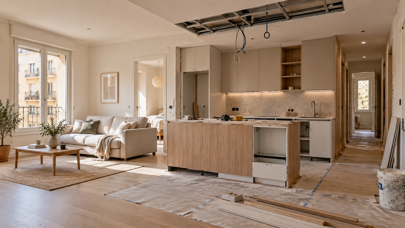 Salón y cocina en reforma avanzada, vivienda real en proceso
