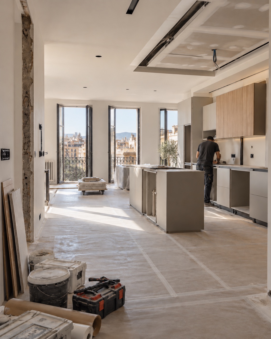 Reforma integral en proceso: cocina en montaje con vistas a la Sagrada Família, Barcelona